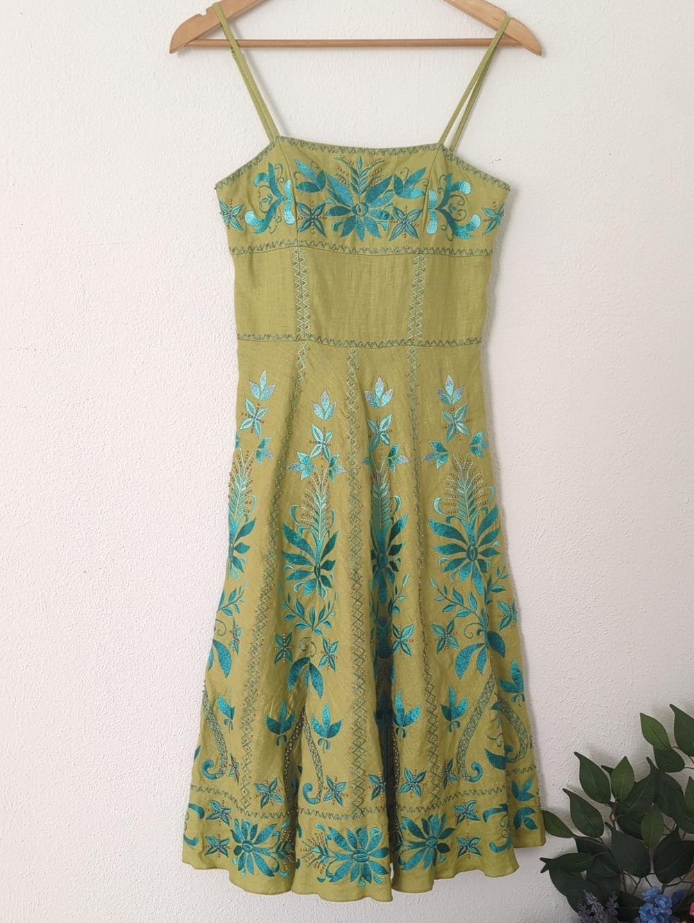 Y2K Sue Wong Linen Spaghetti Strap Dress with Floral Embroidery & Wood Beads